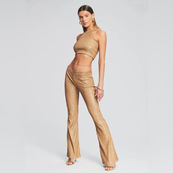 RETROFETE Audra Sequin Knit Tank Top Nude Tan Gold Crop Back Zip Size Large NEW - Picture 2 of 11